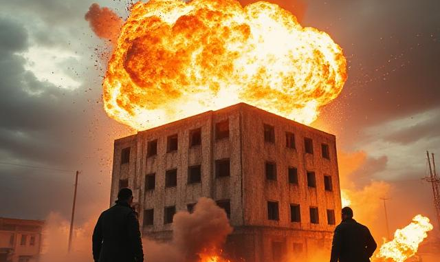 exploding building with intel agents looking