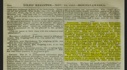 Niles Weekly publishing of the Rothschild purchase of Jerusalem